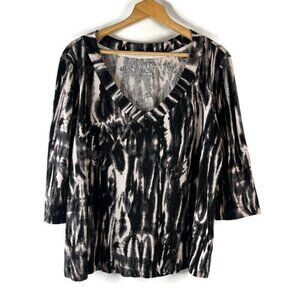 Nicole Miller Womens Blouse Top Size 2X Black Ivory Tie Dye 3/4 Sleeve V-Neck